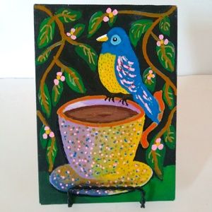 Original Painting of Bird, Flowers and Tea Cup